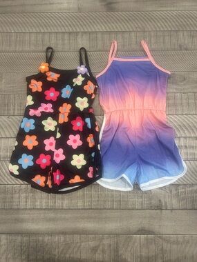 Girls 2-Pack Floral & Ombre Romper Set - Black Floral and Pink-Blue Ombre